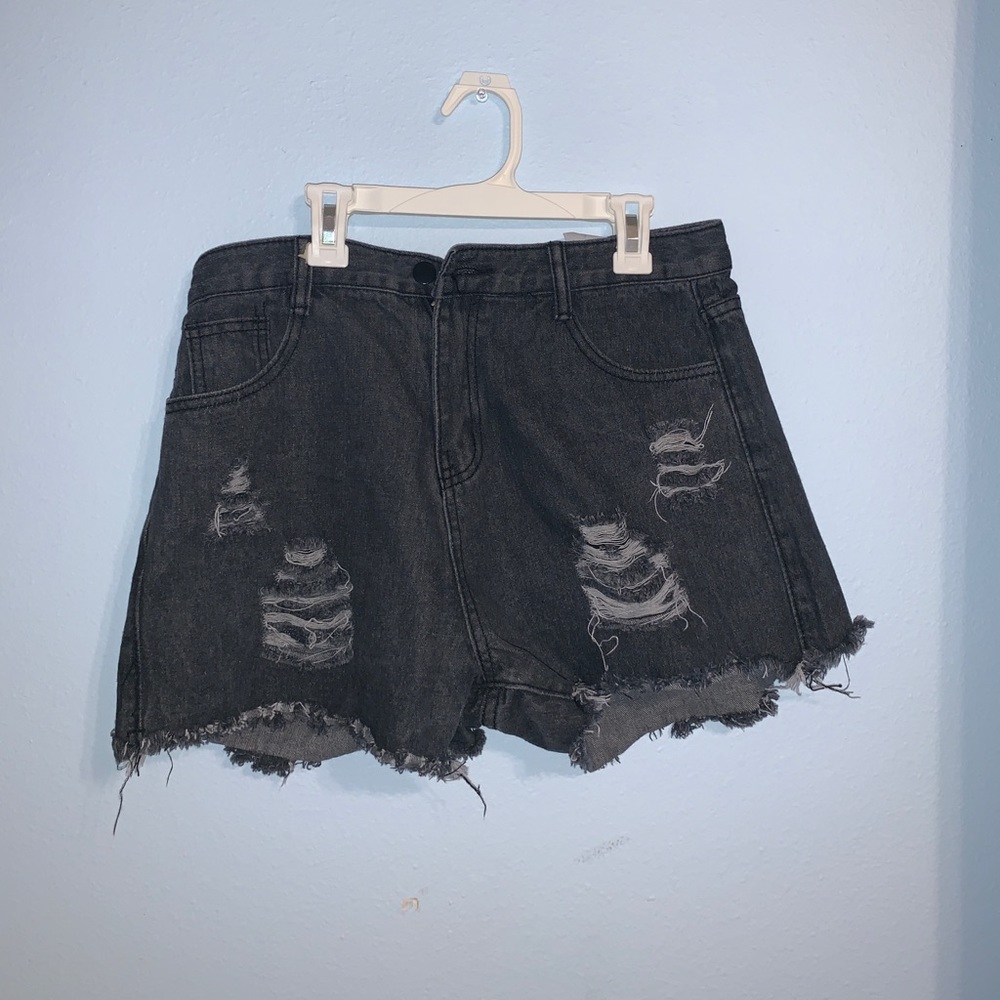 Black Distressed Denim High Waisted Shorts